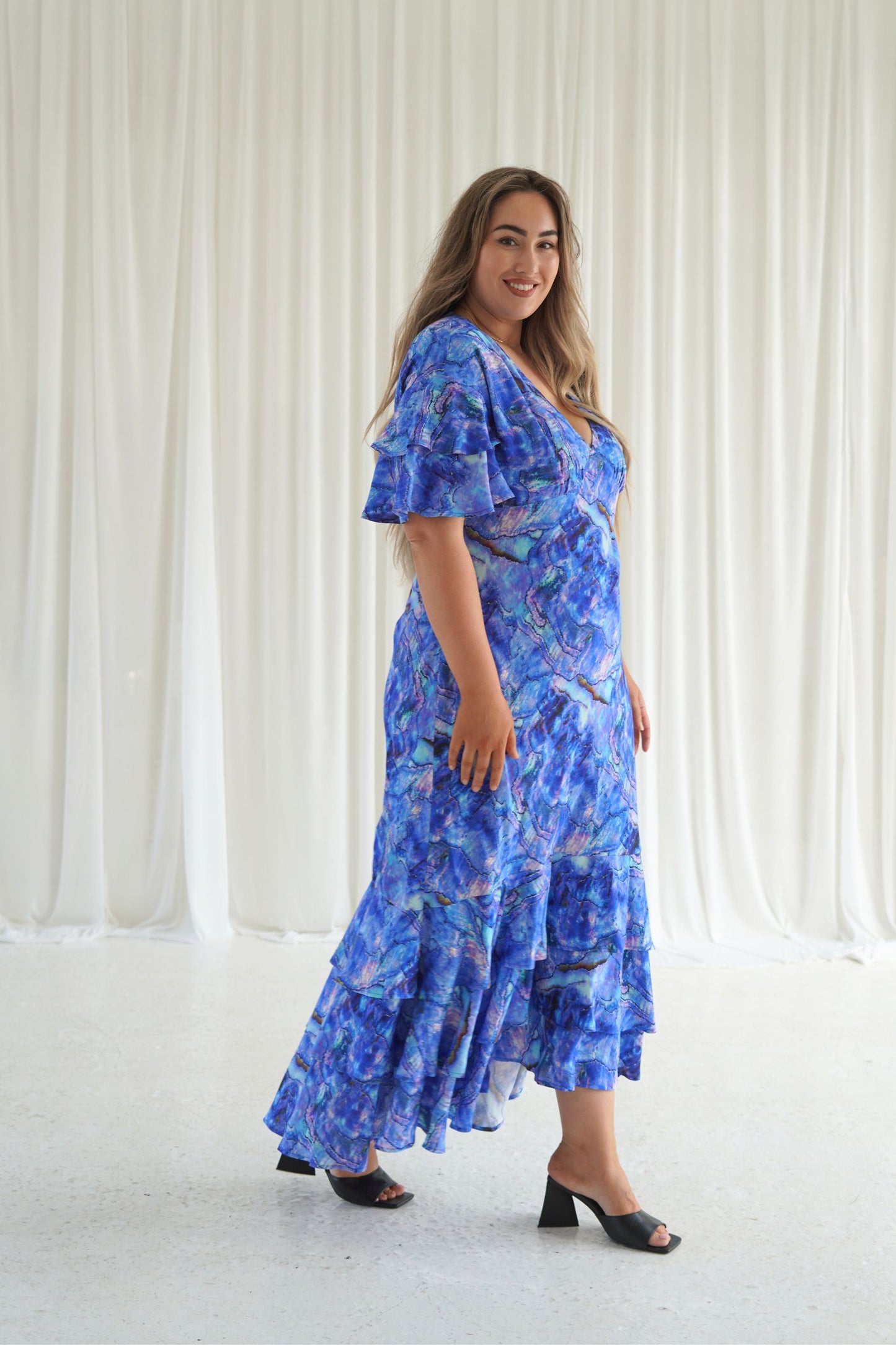 Marcy Ruffle Maxi Dress in Abalone Shell