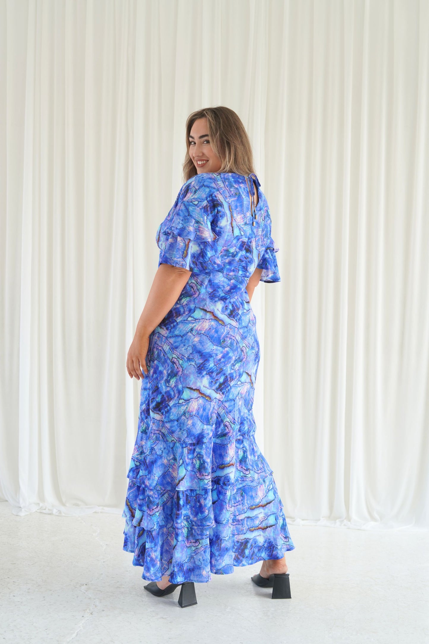 Marcy Ruffle Maxi Dress in Abalone Shell