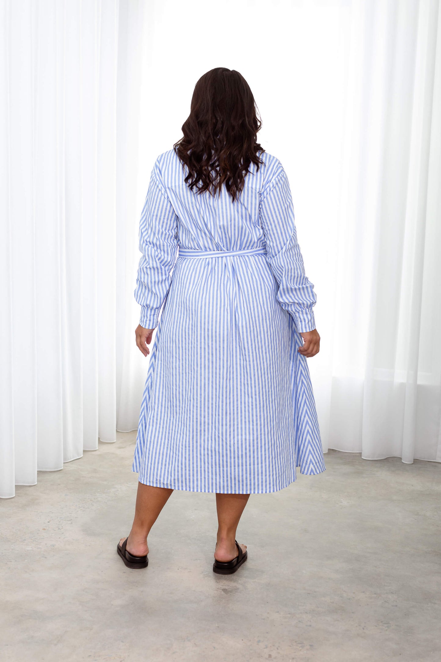 Andrea Cotton Shirt Dress in Blue & White Pinstripe