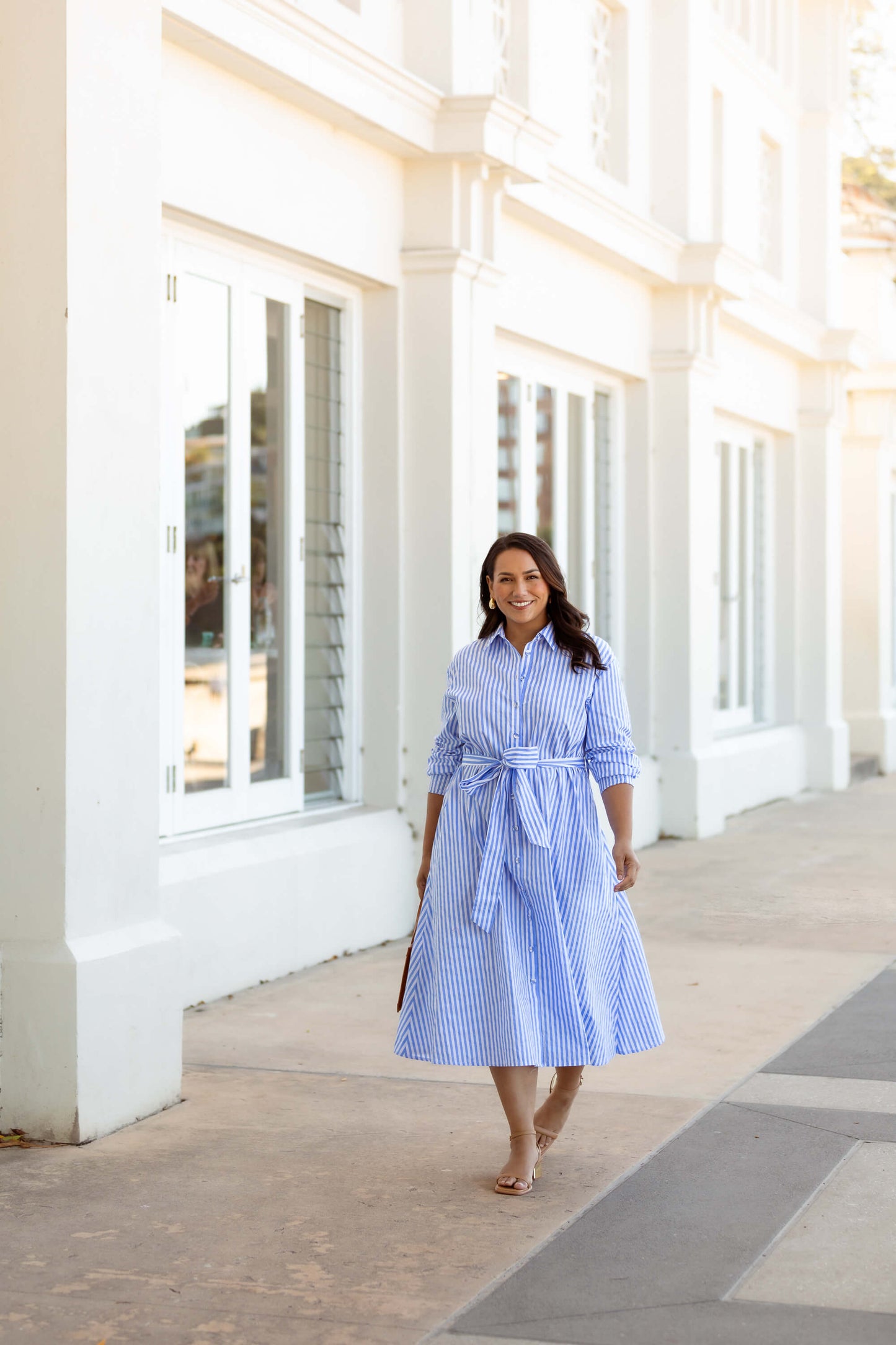 Andrea Cotton Shirt Dress in Blue & White Pinstripe