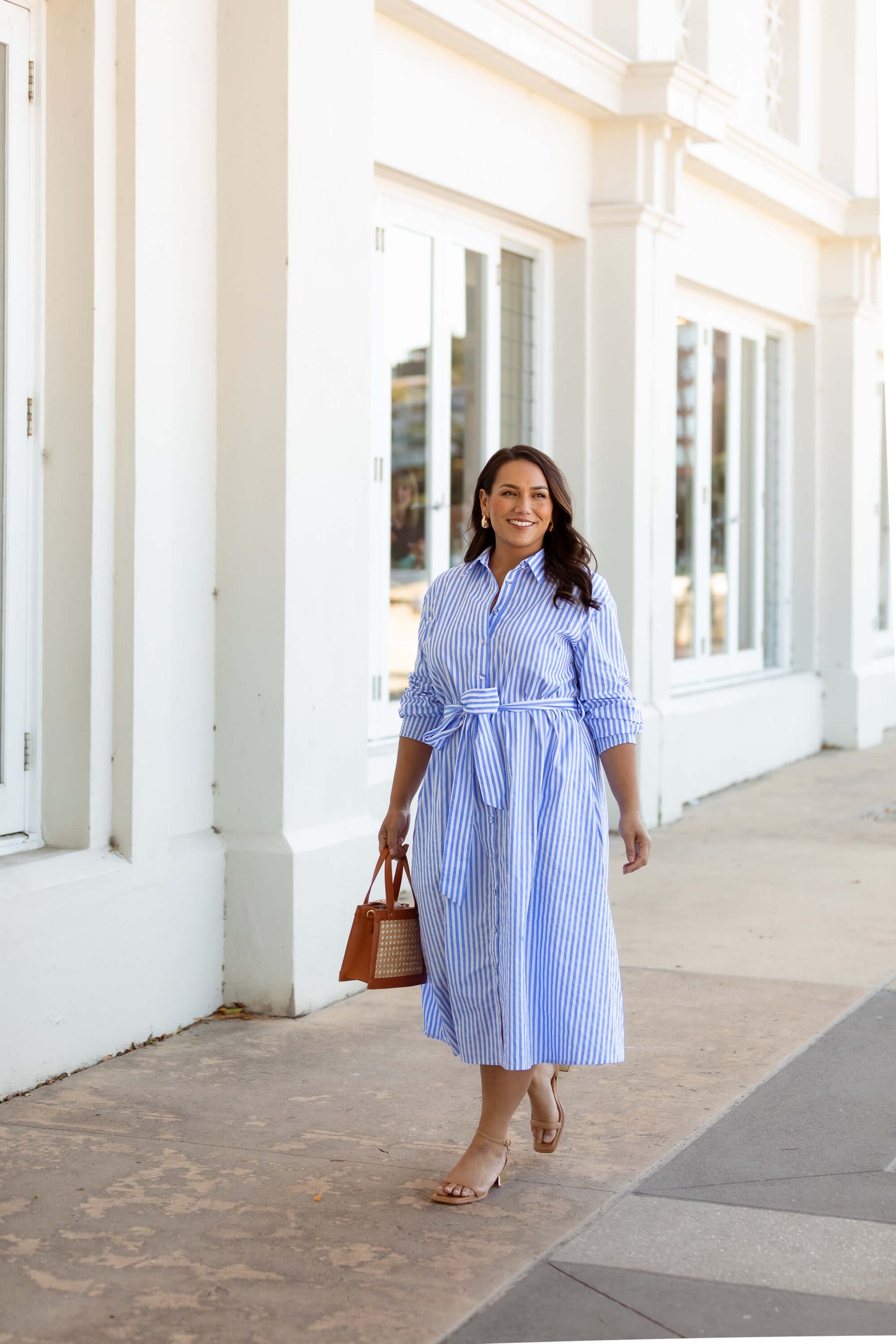 Andrea Cotton Shirt Dress in Blue & White Pinstripe