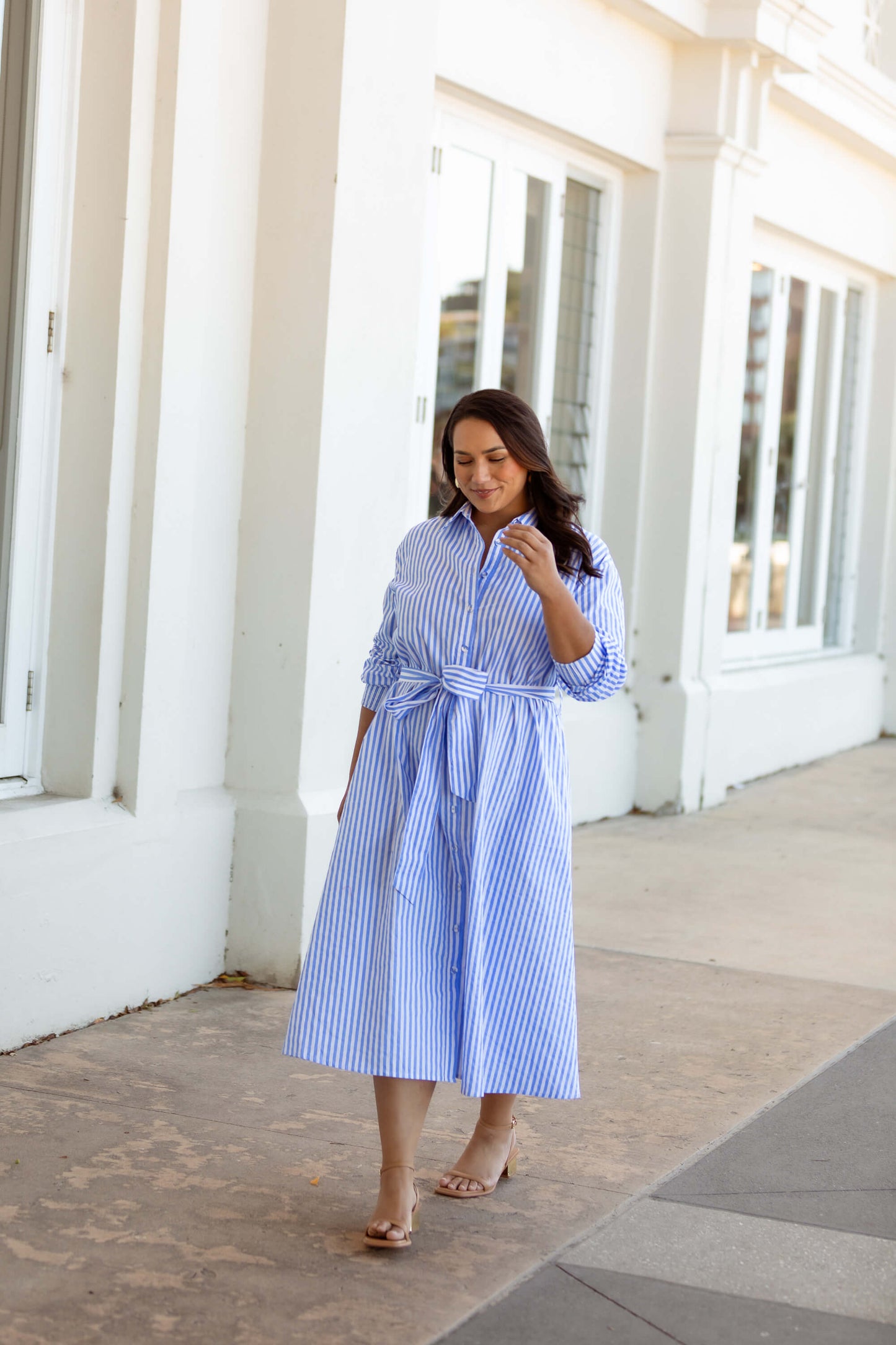 Andrea Cotton Shirt Dress in Blue & White Pinstripe