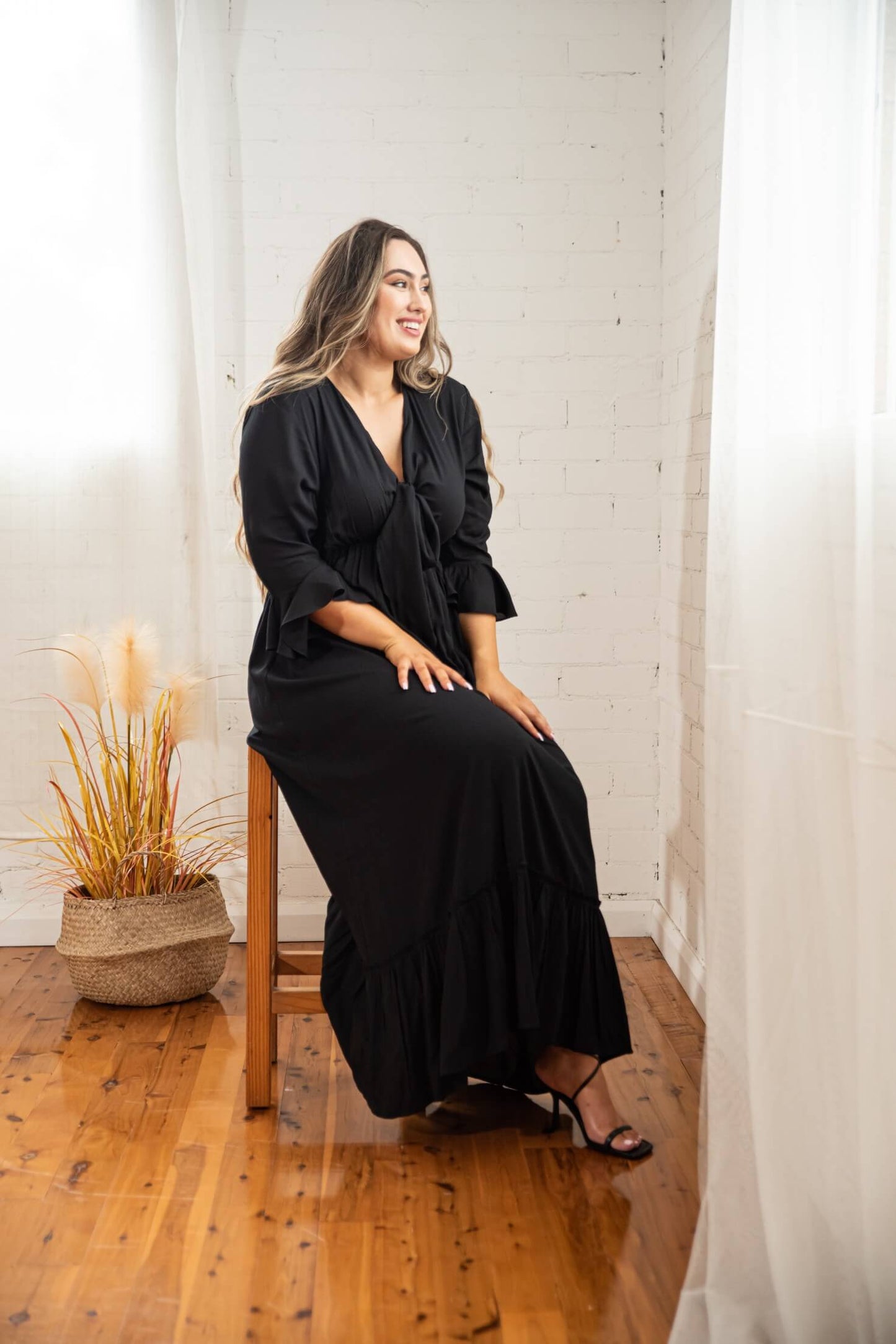 Nicole Tie Front Maxi Dress in Black