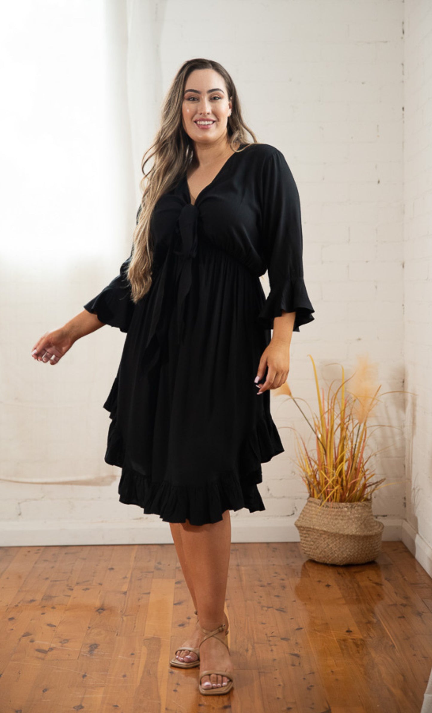 Arielle Tie Front Midi Dress in Black