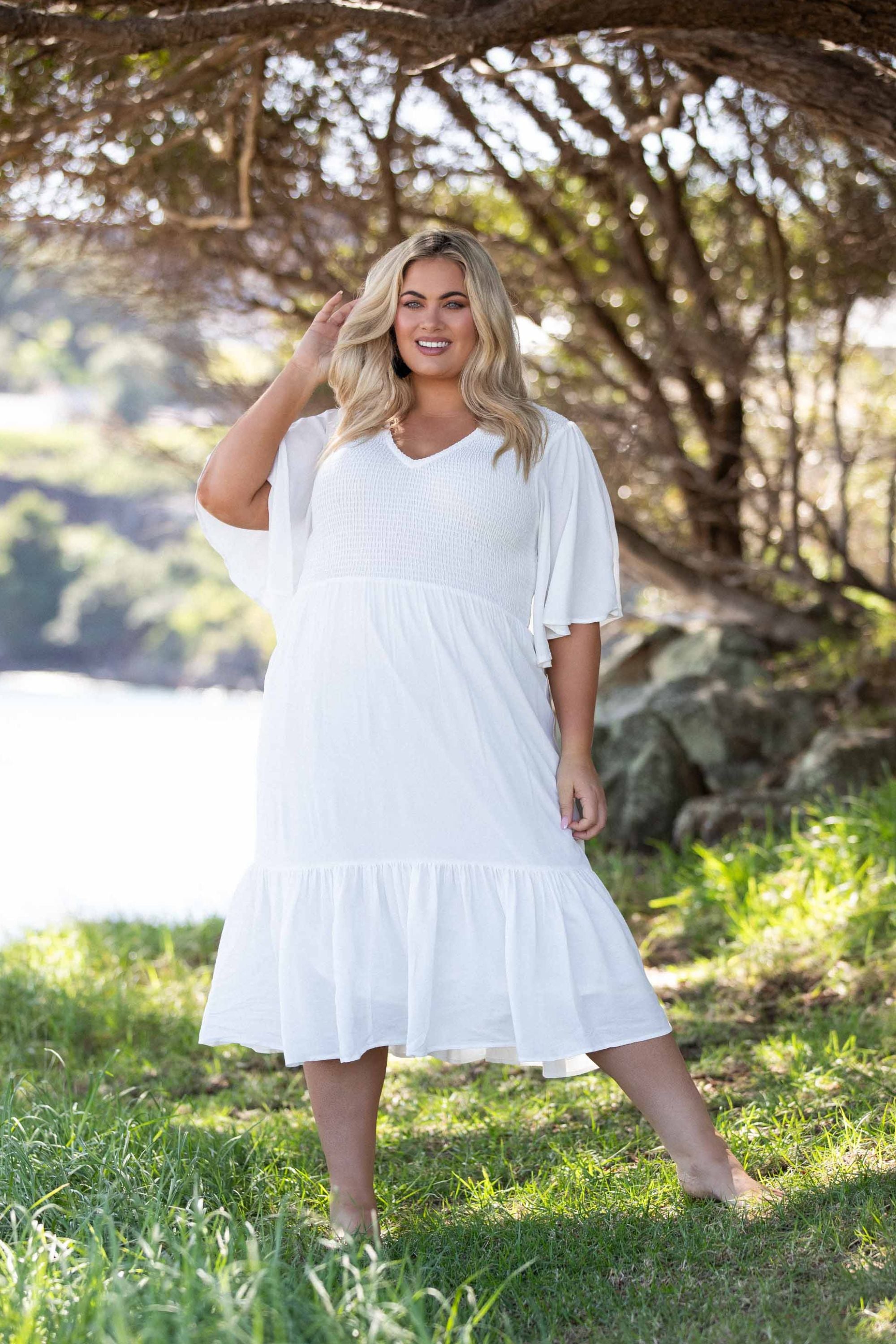 Cleo Short Sleeve Midi Dress in White Dani Marie AU