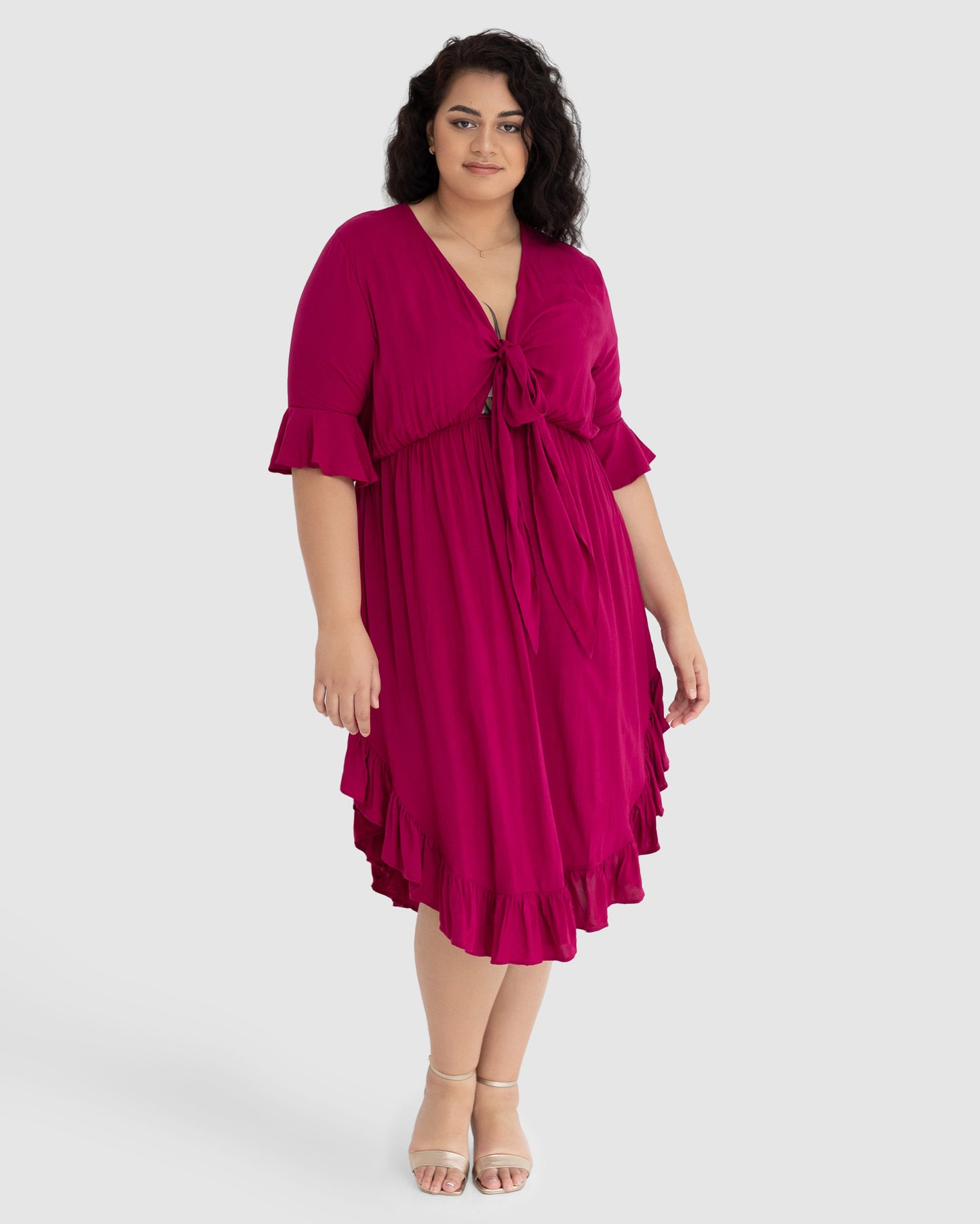 Arielle Tie Front Midi Dress in French Plum