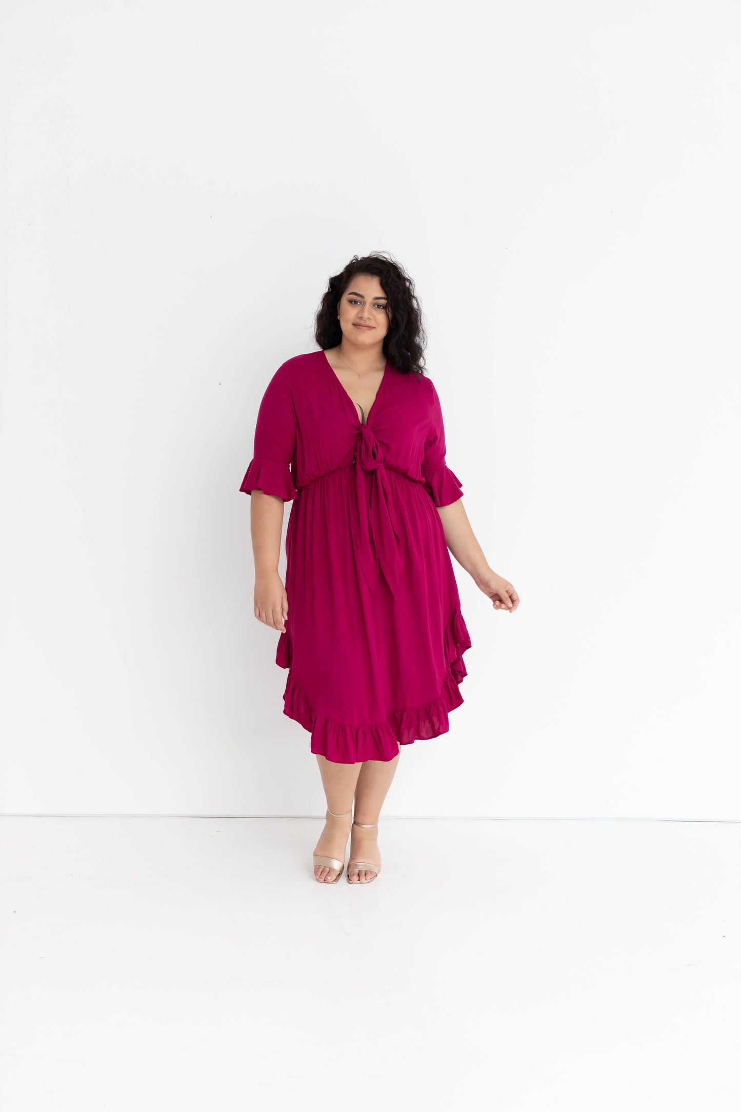 Arielle Tie Front Midi Dress in French Plum