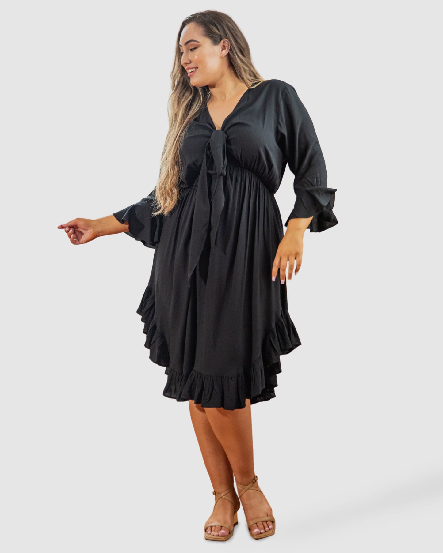 Arielle Tie Front Midi Dress in Black