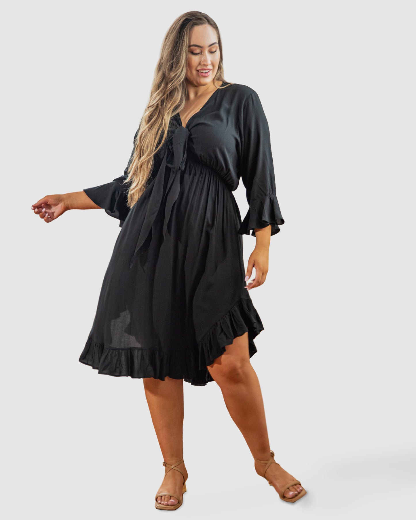 Arielle Tie Front Midi Dress in Black