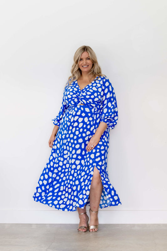 Carla Twist Front Maxi Dress in Blue Spot - Dani Marie US