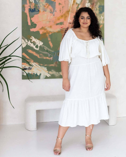 Diana Linen and Organic Cotton Prairie Midi Dress in Off White - Dani Marie US