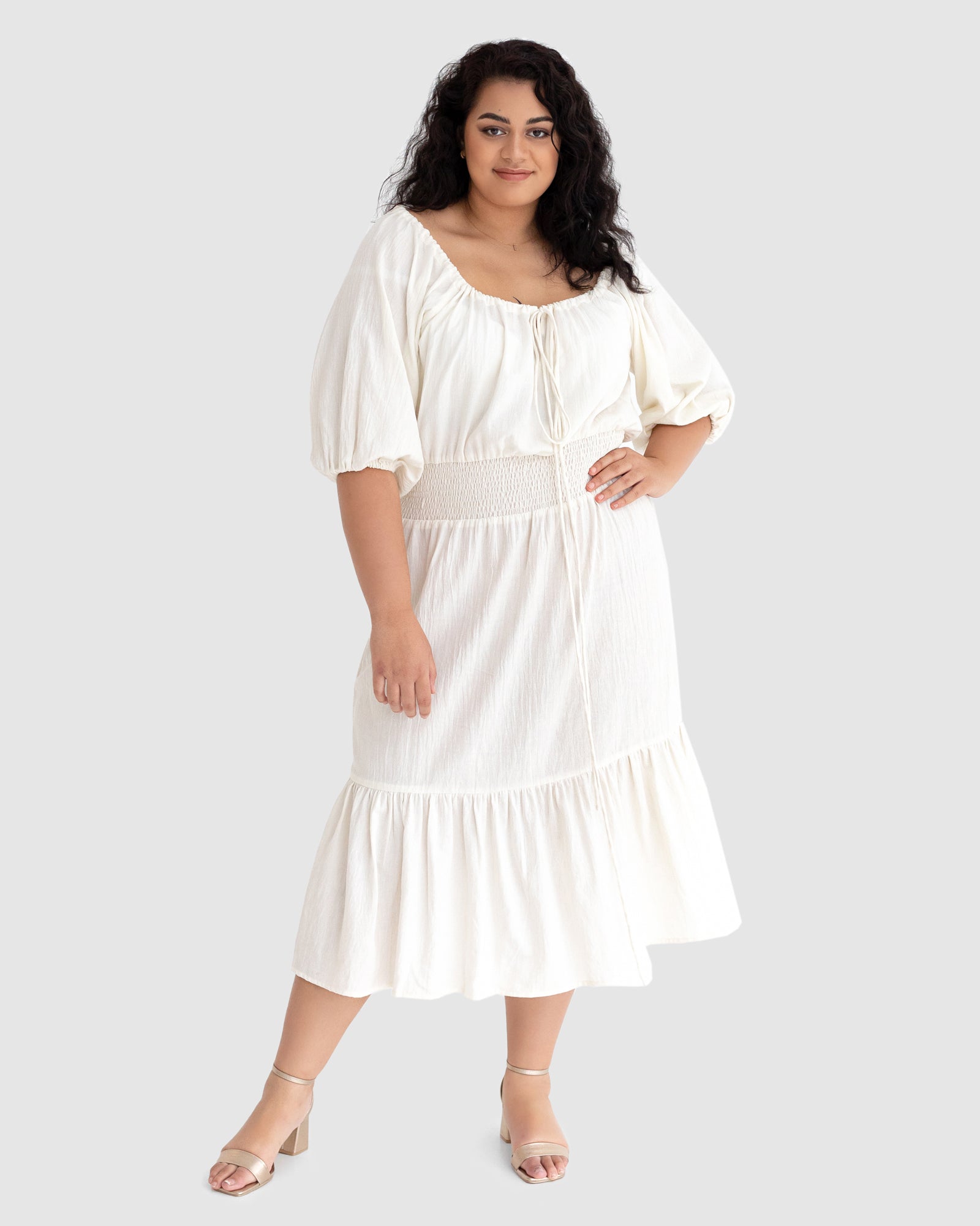 Diana Linen and Organic Cotton Prairie Midi Dress in Off White - Dani Marie US