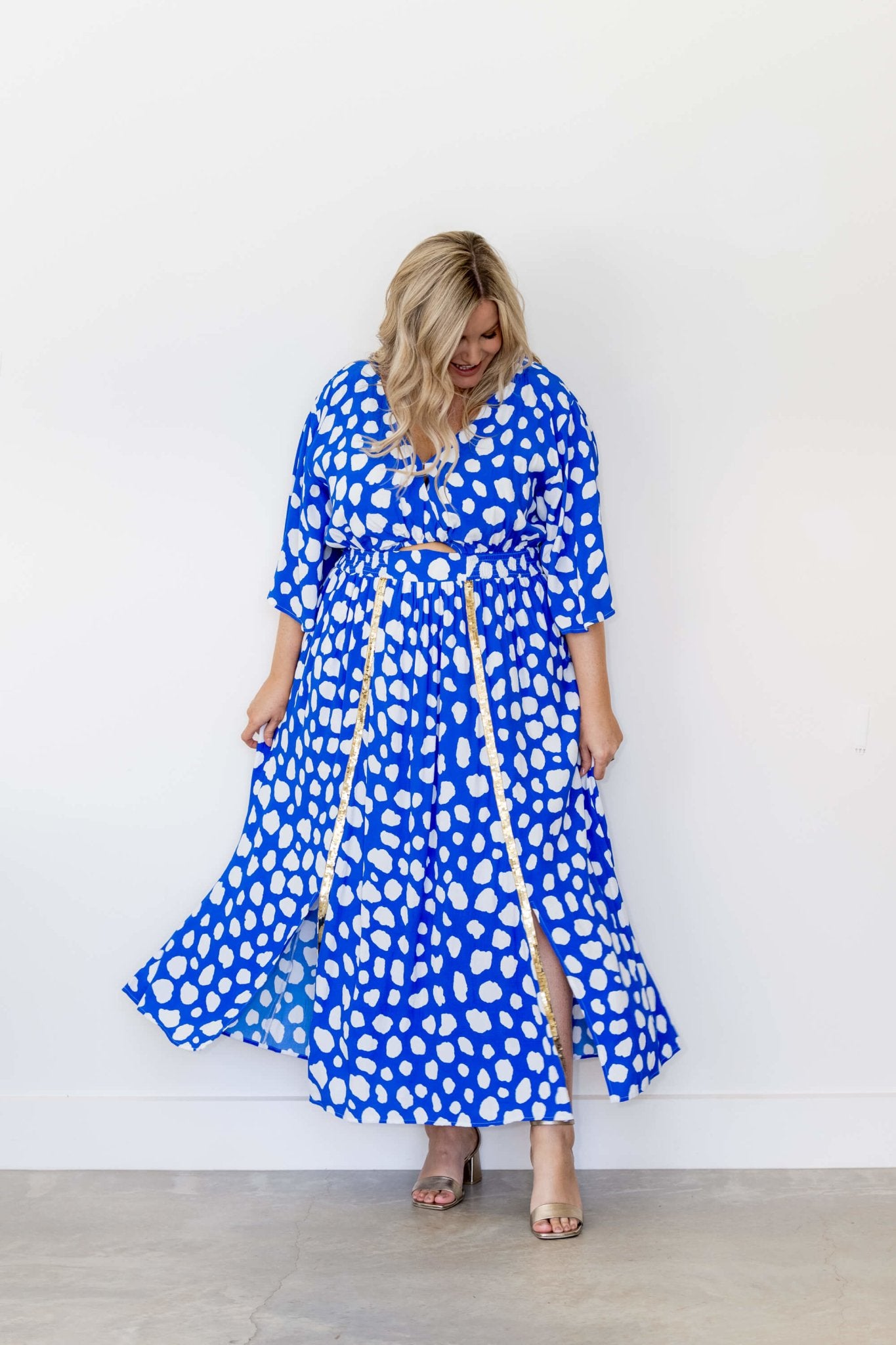 Rachel Cut Out Maxi Dress in Blue Spot - Dani Marie US